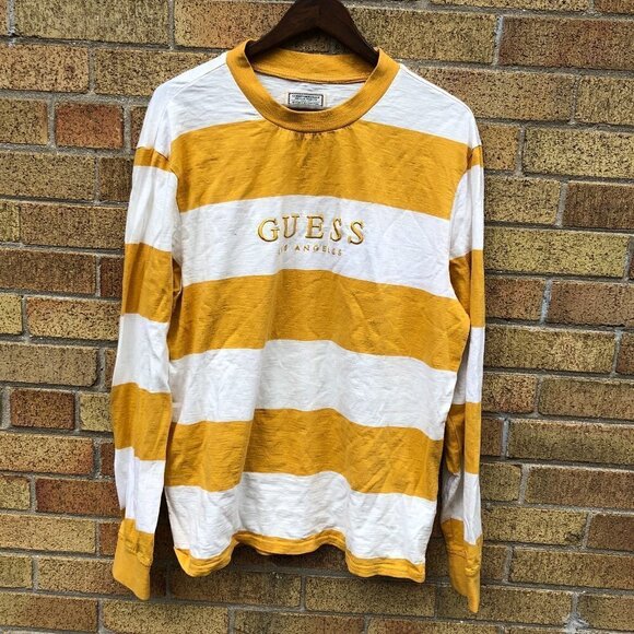 Striped Guess Shirt Crewneck Sweater Large Yellow/White - Picture 1 of 6
